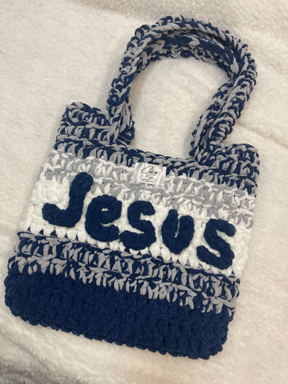 The Jesus Bible Bag Crochet Tote in Navy