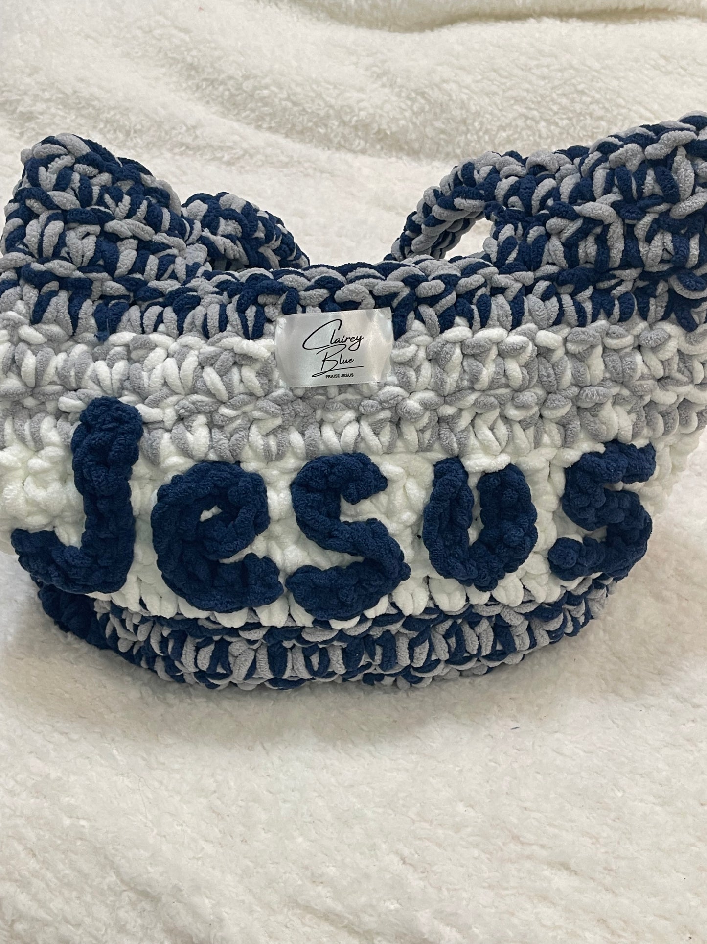 The Jesus Bible Bag Crochet Tote in Navy